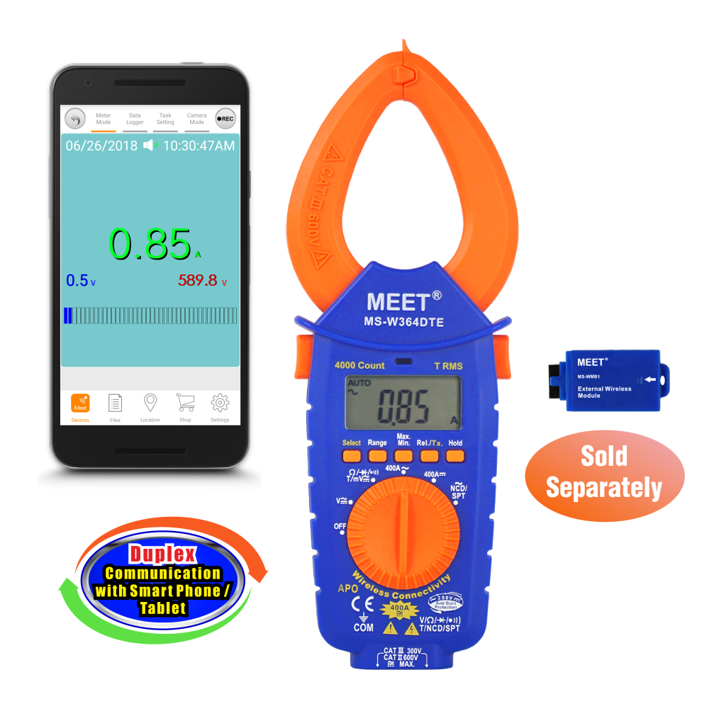 MS-W364DTE + WMB1 無線連接掌上 交流電, 交流 / 直流電 鉗形萬用錶 附帶 SPT／NCF 功能 + 外置藍牙模組